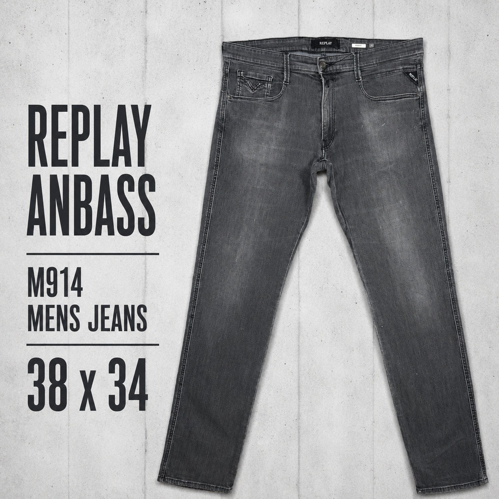 Replay Anbass‎ M914 Slim Fit Jeans Mens 38x34 Charcoal Grey Stretch Denim